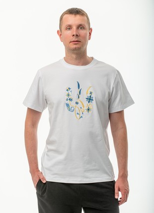 Men's t-shirt with embroidery "Picturesque Ukrainian coat of arms" white