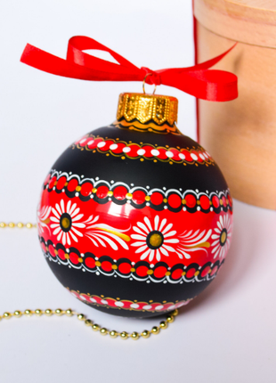 Ukrainian Christmas Black & Red Ornament with Flowers, Petrykivka Hand Painted Bauble1 photo