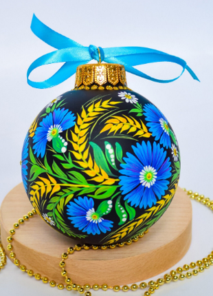 Ukrainian Christmas Tree Decor Black Ornament, Petrykivka Hand Painted Bauble1 photo