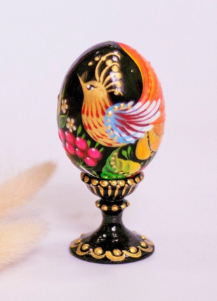Black and Orange Bird Easter Egg and Stand, Ukrainian Pysanka, Easter Decor