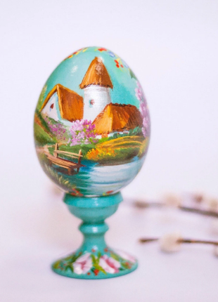 Countryside Village Folk Art Easter Egg and Stand, Ukrainian Pysanka, Easter Decor