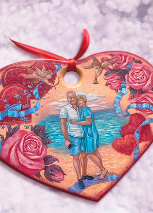 Personalized Couple Portrait on wooden heart, Anniversary Gift2 photo