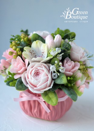 Cute interior soap bouquet of roses, azaleas and alstroemeria