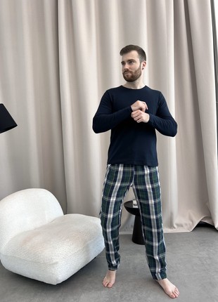 Men's pajama pants COSY home made of flannel checked blue-green F800P