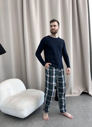 Home pajamas for men COZY made of flannel (pants+longsleeve dark blue) checked blue-green