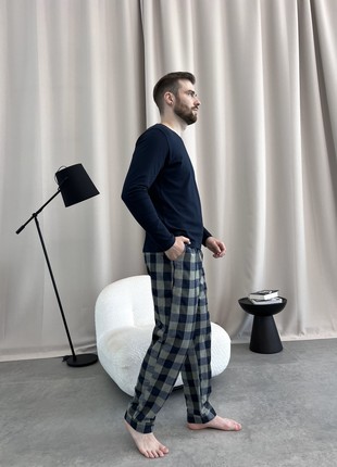 Men's COSY Flannel Home Pajamas (Pants+Longsleeve) Khaki Check F210P+L025 photo