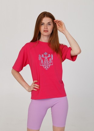 Women's t-shirt oversize with “Beregynya trident” embroidery, red. support ukraine