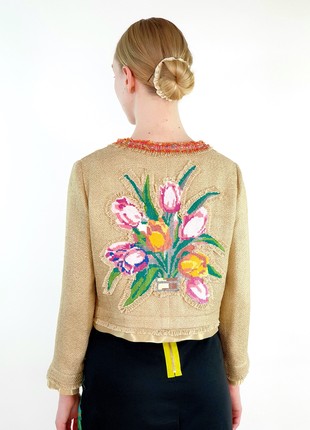 Short linen blazer with vintage embroidery "Tulips"