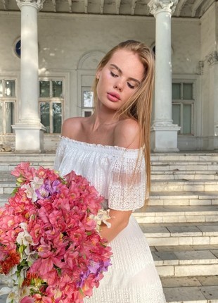 White lace cocktail dress off the shoulder2 photo