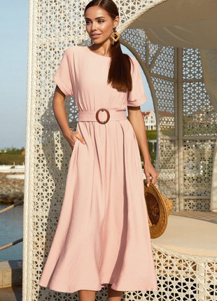 Summer maxi-length dress with powder-colored belt for every day
