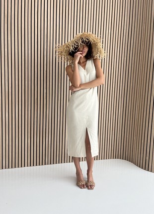 Summer linen midi dress with straight cut and front slit