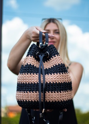 Crochet striped raffia backpack with leather hardware