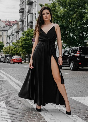 Artificial silk dress in black color