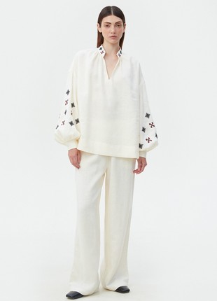 Milky linen vyshyvanka shirt with geometric embroidery