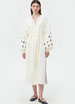 Milky linen vyshyvanka dress with geometric embroidery