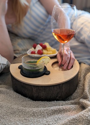 Elegant couch glass holder, wooden coaster for 2 Cups, Snack Storage Couch Bar