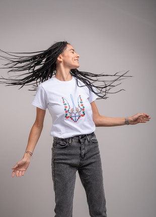 Basic T-shirt with embroidery "Red kalyna trident" white. support ukraine5 photo