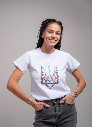Basic T-shirt with embroidery "Red kalyna trident" white. support ukraine2 photo