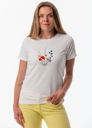 Women's t-shirt with embroidery "Coat of arms Blooming Ukraine" white