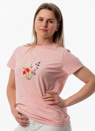 Women's t-shirt with embroidery "Coat of arms Blooming Ukraine" pink
