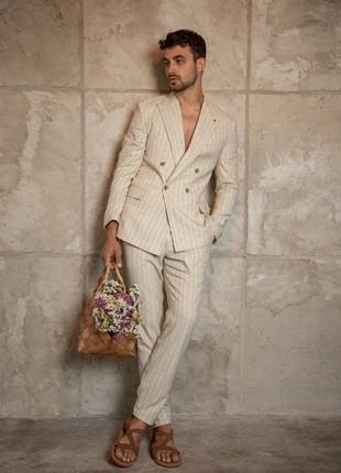 Two-piece beige striped double-breasted suit by Andreas Moskin