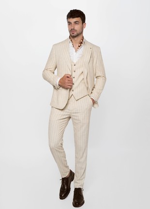 Three-piece beige striped one-breasted suit by Andreas Moskin