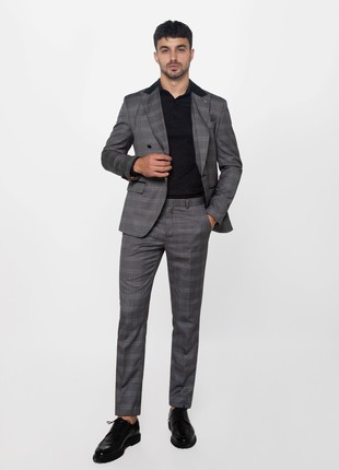 Two-piece gray checked double-breasted suit by Andreas Moskin