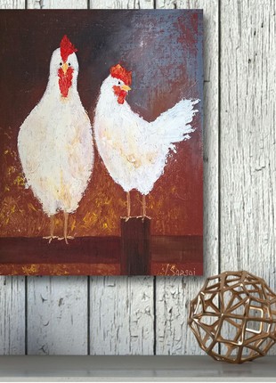 Original oil painting with a cockerel and a hen sitting on a fence. Portrait of a rooster and a hen