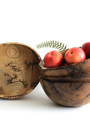 Wooden bowls for salad, fractal wood burning handmade