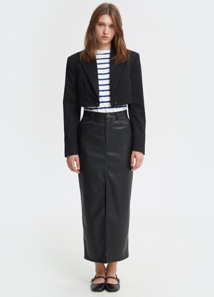 Black faux-leather elongated midi skirt