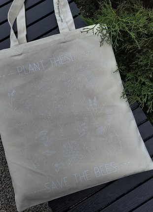 Shopping bag "Plant These, Save the Bees", beige, white flowers, ECO-Medok