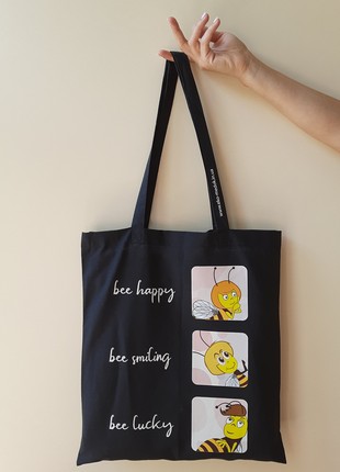 Shopper bag "Positive with bees", black, ECO-MedOK