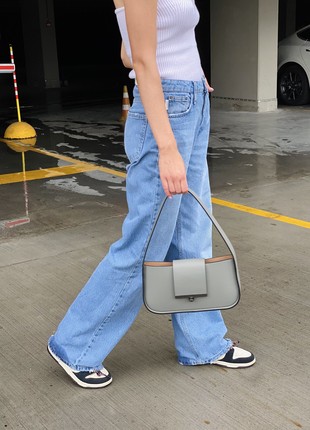 Grey leather baguette bag for woman, Grey leather crossbody bag, Grey leather purse, Grey stylish leather handbag, Lamponi Baguette M grey6 photo