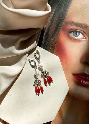 Ethnic chandelier sterling silver earrings with pearls and coral