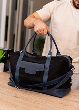 Travel bag made of canvas and genuine dark blue leather Crazy Horse (BN-BAG-53-nn)