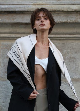 Artificial silk shoulder scarf "Swallows", in a beige palette, unique gift for a woman