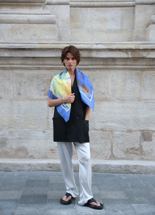 Artificial silk neck scarf "Apple", in a yellow-blue palette palette, unique gift for a woman