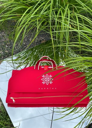 Leather Garment Bag Cover for Clothing Red with ORNAMENT "Ukraine"2 photo