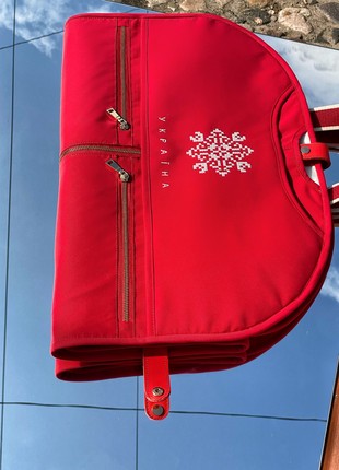 Leather Garment Bag Cover for Clothing Red with ORNAMENT "Ukraine"1 photo