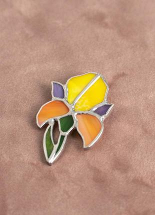 Orange iris flower stained glass brooch