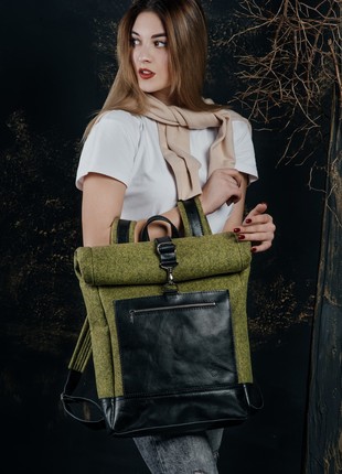 Personalized roll top backpack, felt olive laptop bag, street style, natural leather handbag, hiking travel rucksack, custom city backpack L