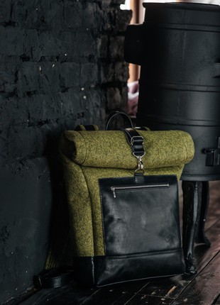 Personalized roll top backpack, felt olive laptop bag, street style, natural leather handbag, hiking travel rucksack, custom city backpack M