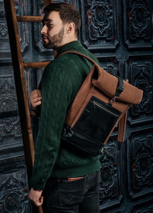 Personalized roll top backpack, felt brown laptop bag, street style, natural leather handbag, hiking travel rucksack, custom city backpack M