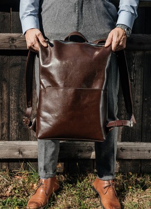 Brown travel backpack, laptop leather bag, men or women city rucksack, school college diaper handbag M