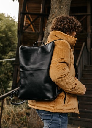 Black travel backpack, laptop leather bag, men or women city rucksack, school college diaper handbag L