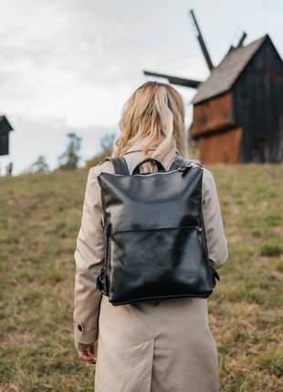 Black travel backpack, laptop leather bag, men or women city rucksack, school college diaper handbag M