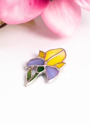 Violet iris flower stained glass brooch