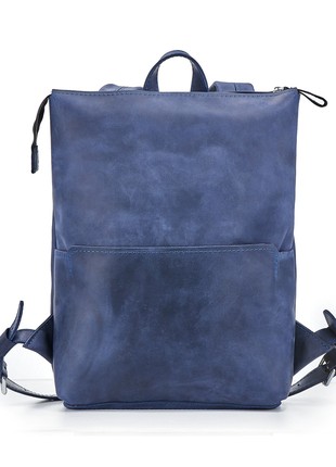 Blue travel backpack, laptop leather bag, men or women city rucksack, school college diaper handbag M