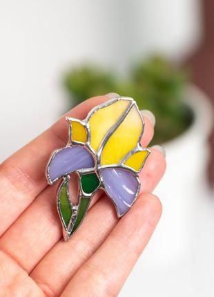 Violet iris flower stained glass brooch2 photo