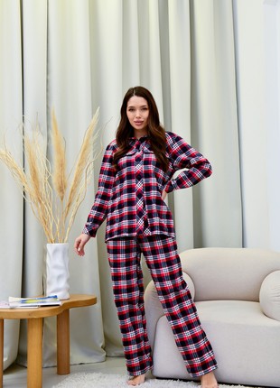 Three-piece pajama suit of baize fabric Vanessa (Shirt + Bra + Pants) Dark blue and red